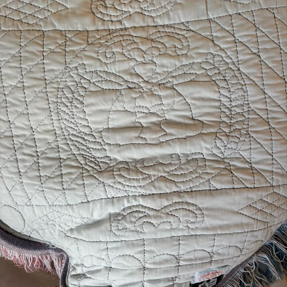 Oversized Vintage Quilt Tapestry Turned into Heart Shaped Cherub Pillow w Fringe